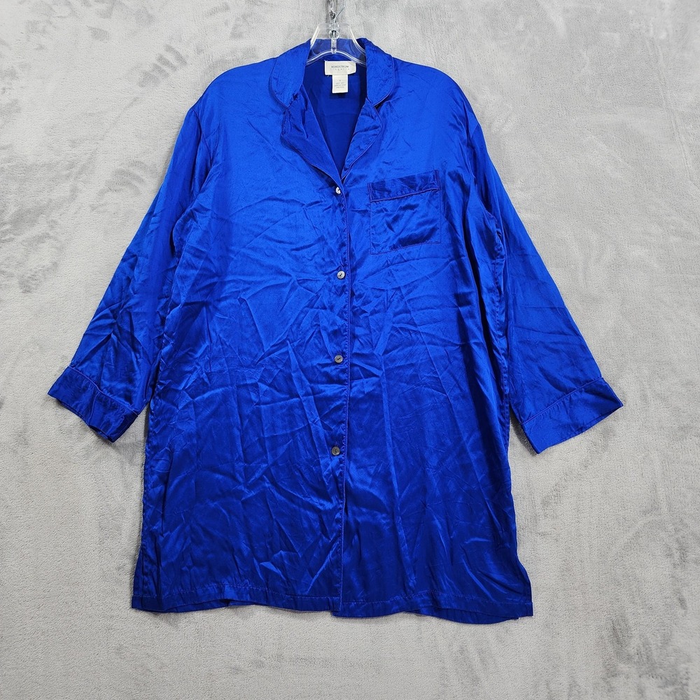 Vintage Nordstrom Lingerie Sleep Shirt Womens S Blue Silk Satin Oversized Luxury